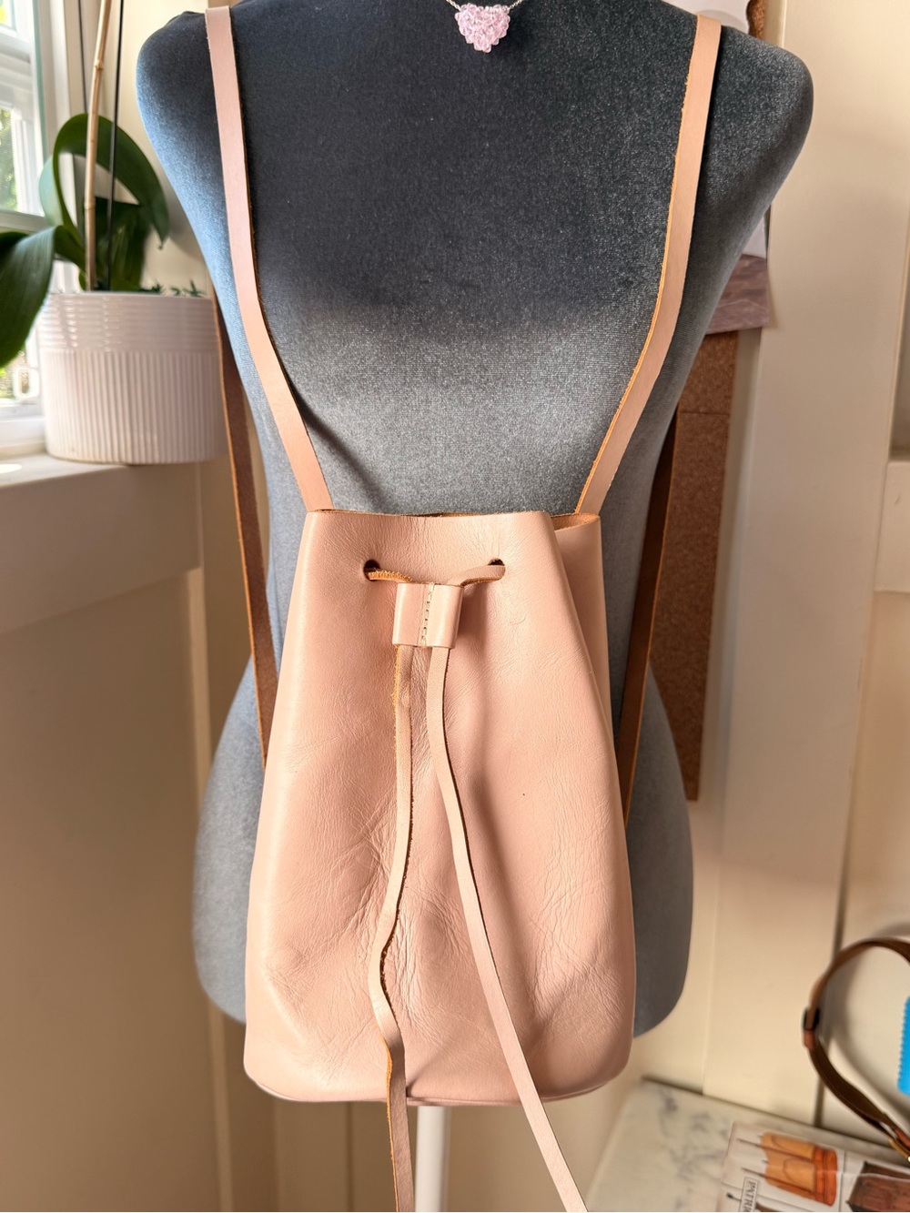 Leather Drawstring Backpack - Blush Pink